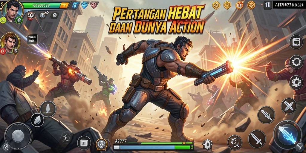 Screenshot utama menampilkan aksi seru karakter A7777 berjuang melawan musuh.