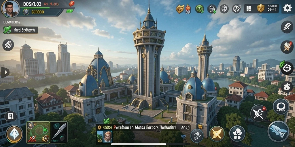 Screenshot gameplay menampilkan serangan menara di BOSKU33.