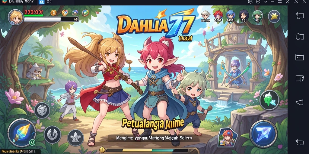 Screenshot gameplay DAHLIA77 yang menunjukkan aksi seru karakter-karakter anime.