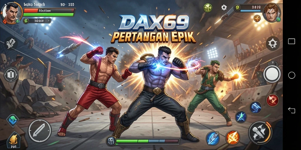 Tampilan intens gameplay DAX69 saat karakter bertarung.