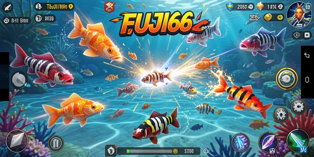 Tampilan gameplay seru dari FUJI66 menembak ikan di bawah laut.