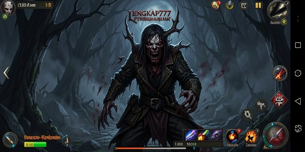 Tampilan gameplay yang mencekam di LENGKAP777 dengan suasana kelam.
