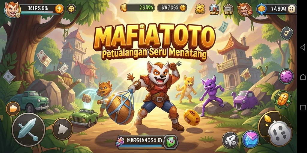Screenshot utama MAFIATOTO menampilkan karakter petualangan beraksi di lingkungan yang menakjubkan.