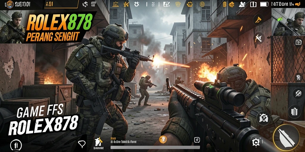 Screenshot utama gameplay ROLEX878 menampilkan aksi tembak-menembak intens.