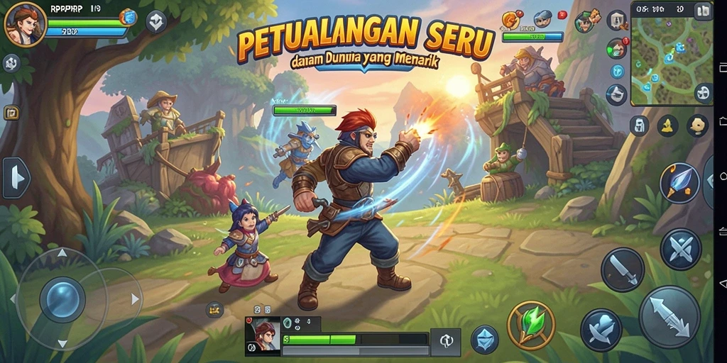 Screenshot menampilkan karakter dalam aksi di dunia petualangan yang indah.
