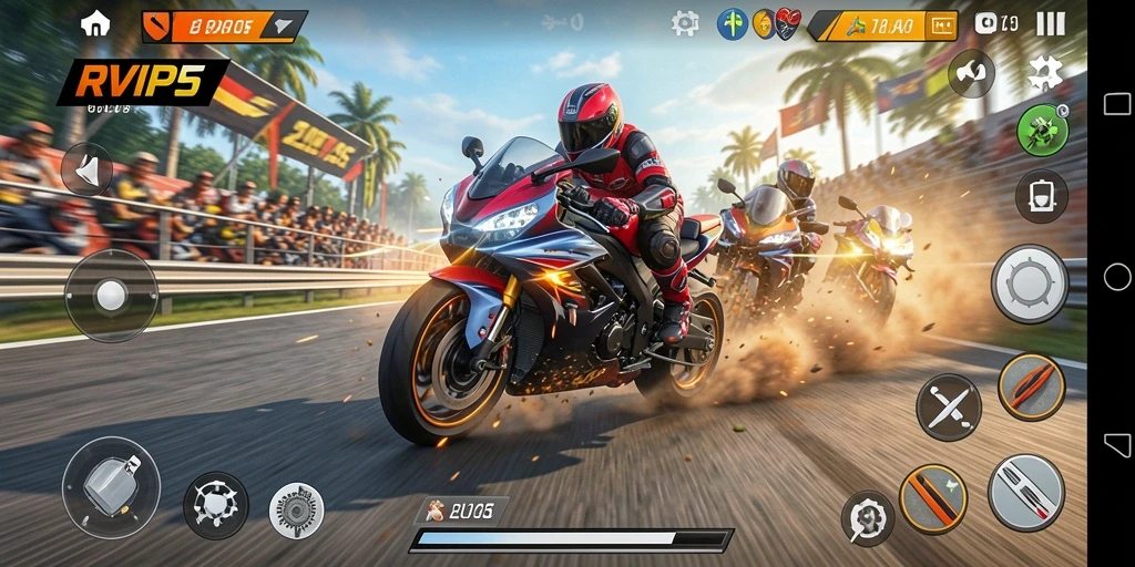 Gameplay mendebarkan di RVIP5 dengan aksi balapan motor yang seru.